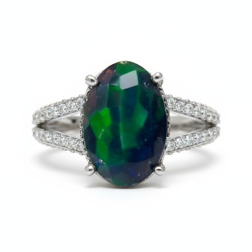 Aurora Borealis: Oval Black Opal Cocktail Ring with Pavé Split Band