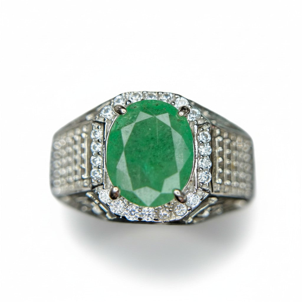 Regal Strength: Natural Emerald Men's Ring in 925 Silver with Detailed Pavé Halo