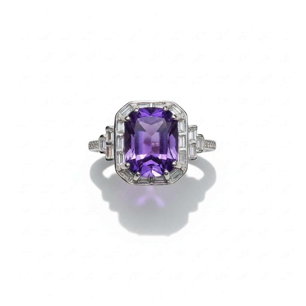 Roaring Twenties Royal: Natural Emerald-Cut Amethyst Ring with Geometric CZ Halo