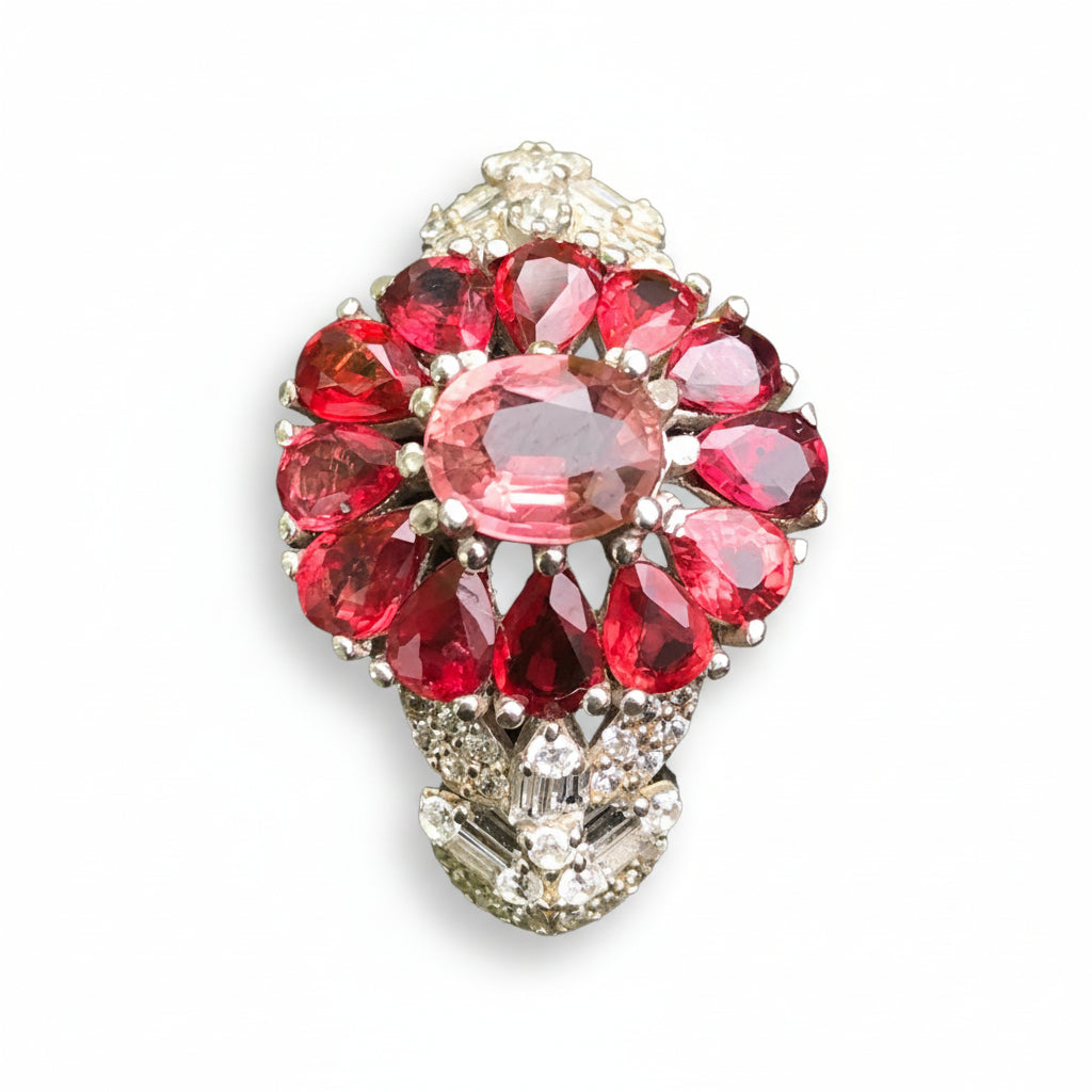Natural Pink Tourmaline Cluster Ring - Oval Center with Songea Sapphires and CZ Accents in Sterling Silver