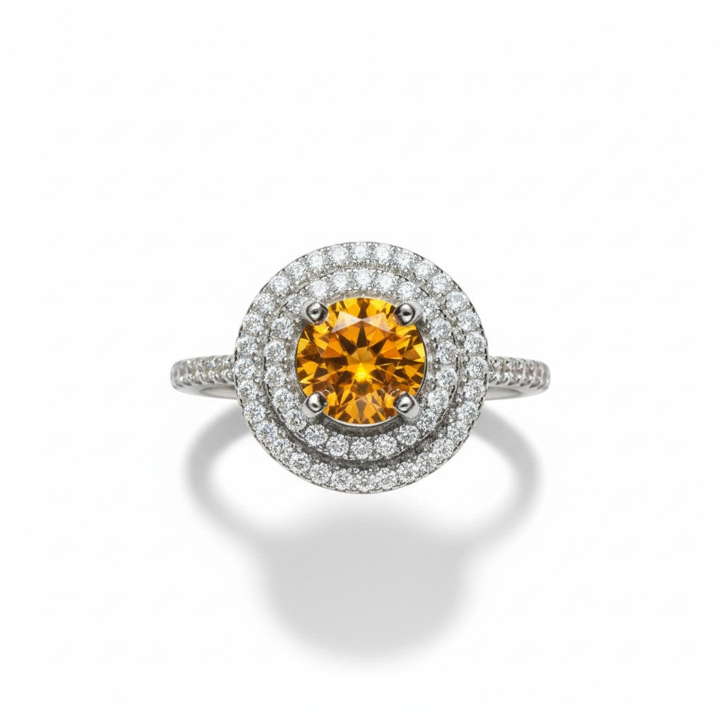 Fiery Halo: Orange Moissanite Double Halo Ring in 925 Silver