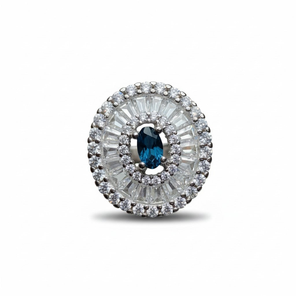 Midnight Sunburst: Natural London Blue Topaz Cocktail Ring with Baguette CZ Halo in 925 Silver