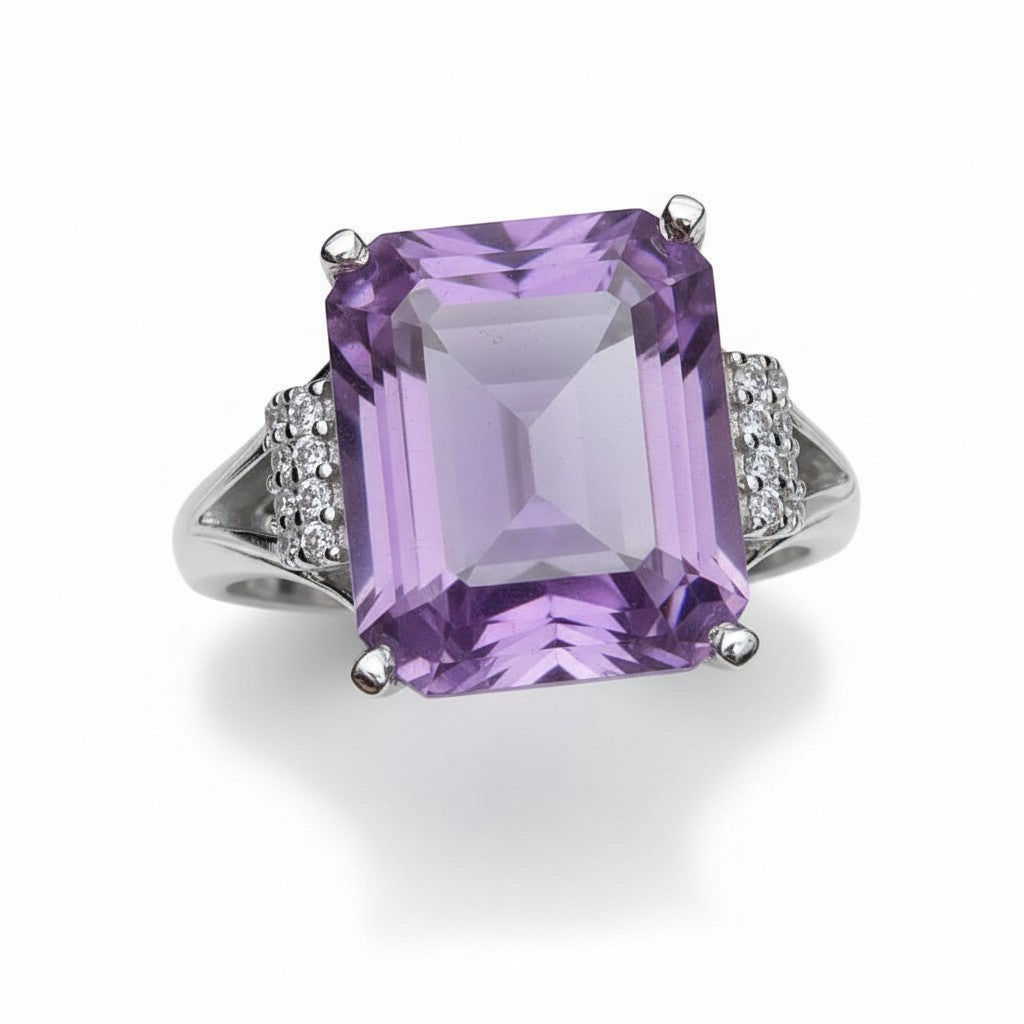 Royal Statement: Natural Emerald-Cut Amethyst Ring with CZ Shoulders in 925 Silver