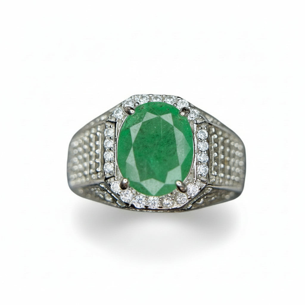 Regal Strength: Natural Emerald Men's Ring in 925 Silver with Detailed Pavé Halo