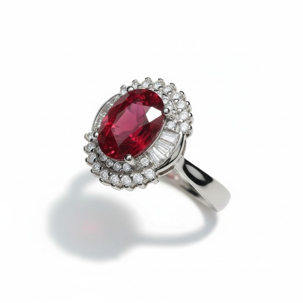 Royal Passion: Natural Ruby & Baguette CZ Halo Statement Ring in 925 Silver