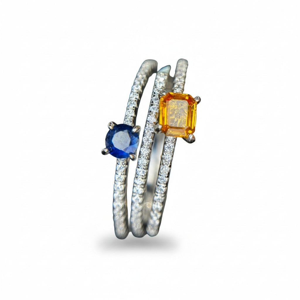 Designer Stacks: Natural Yellow & Blue Sapphire Three-Band Ring in 925 Silver
