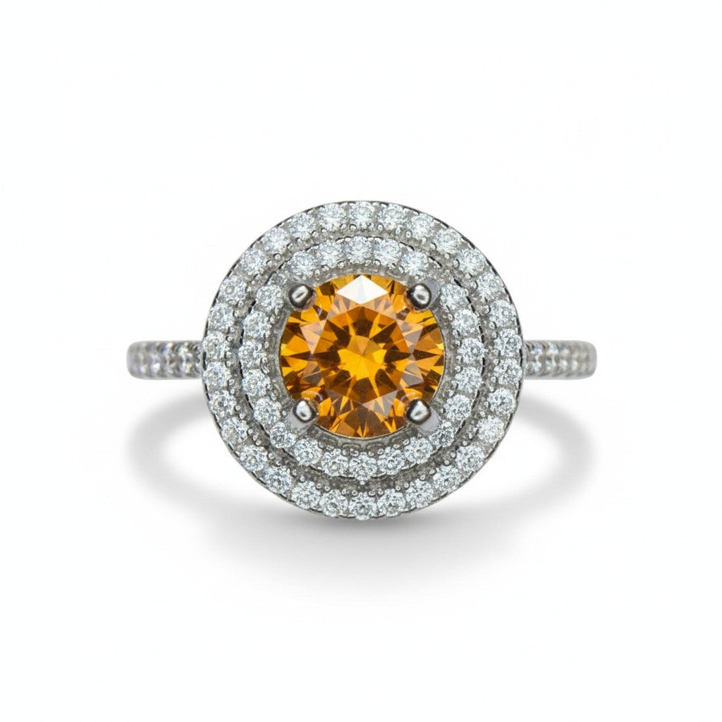 Fiery Halo: Orange Moissanite Double Halo Ring in 925 Silver