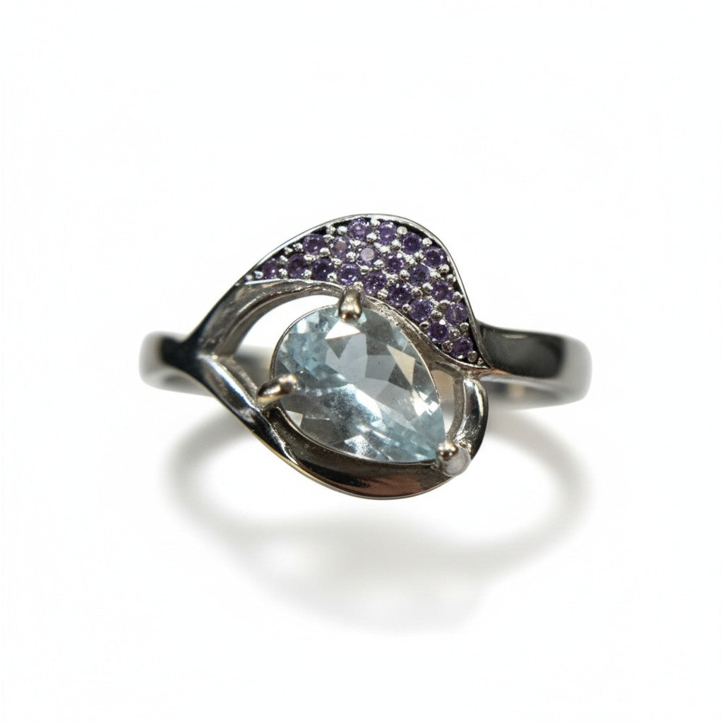 Ocean Serenity: Natural Aquamarine & CZ Accent Ring in Sterling Silver