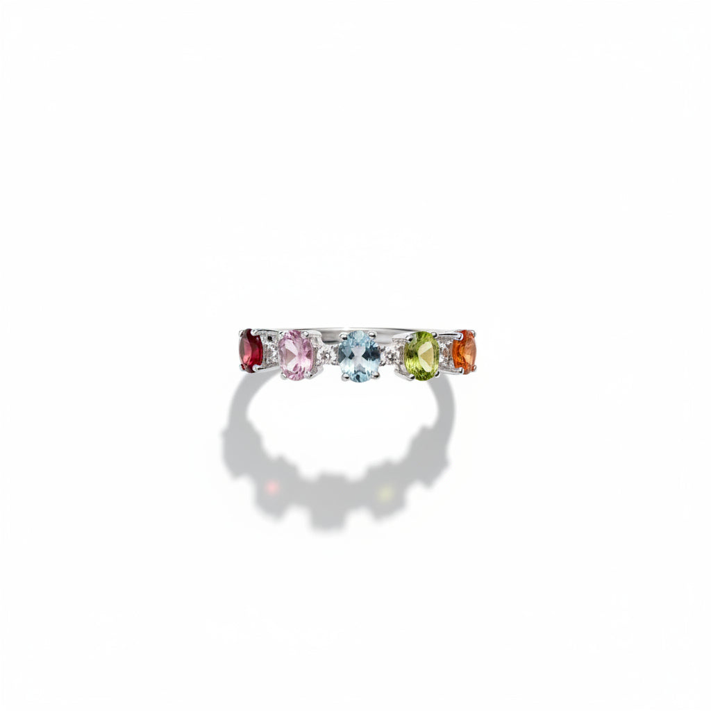 Natural Multi-Color Sapphire Ring - Five Stone Rainbow Pastel Sapphires in Sterling Silver
