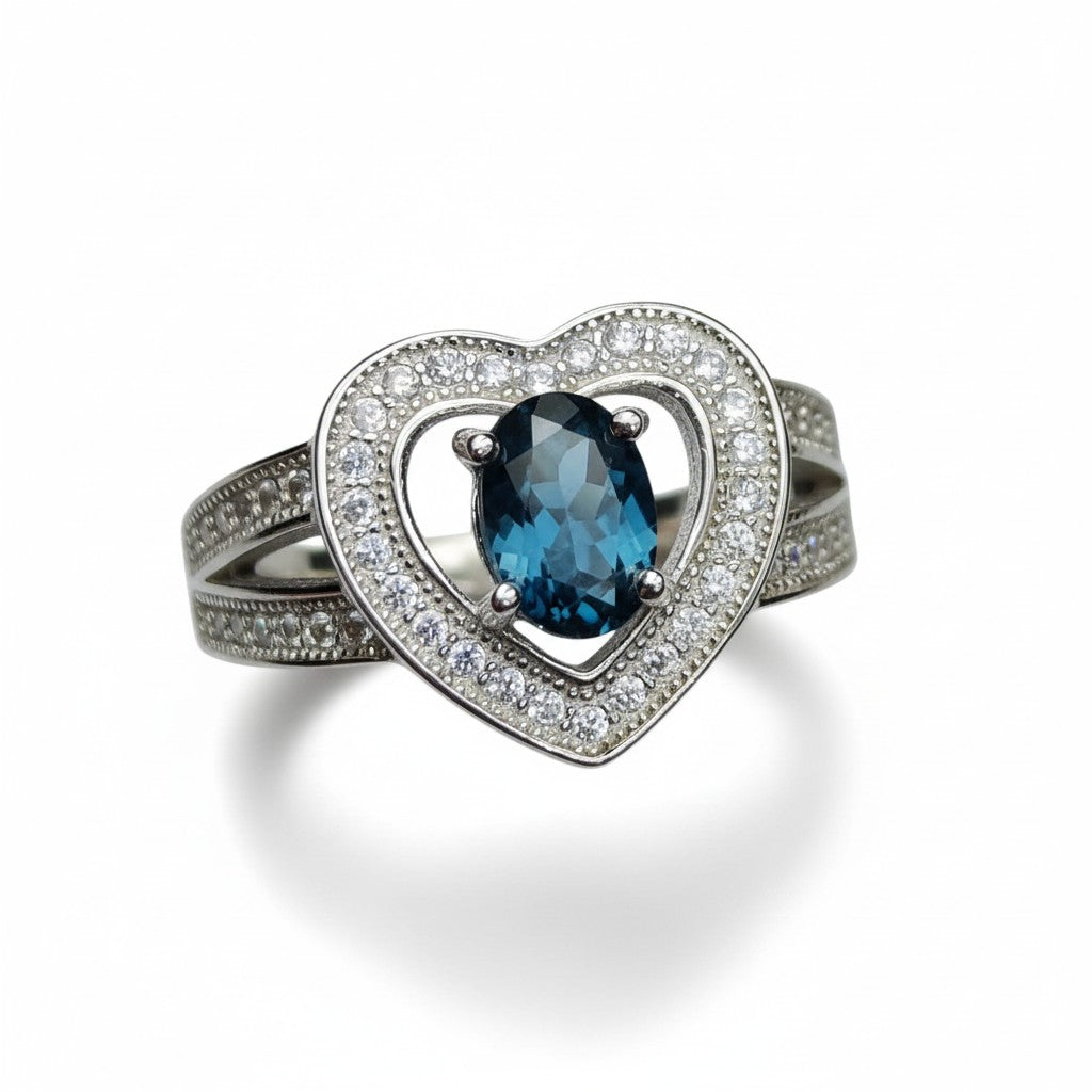 Heart of the Ocean: Natural London Blue Topaz & CZ Heart Halo Ring in 925 Silver