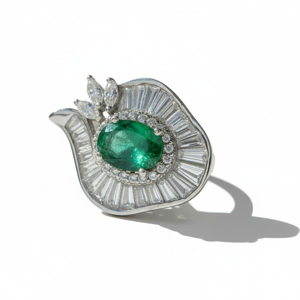 Art Deco Envy: Natural Emerald Cocktail Ring with Baguette Fan Halo in 925 Silver