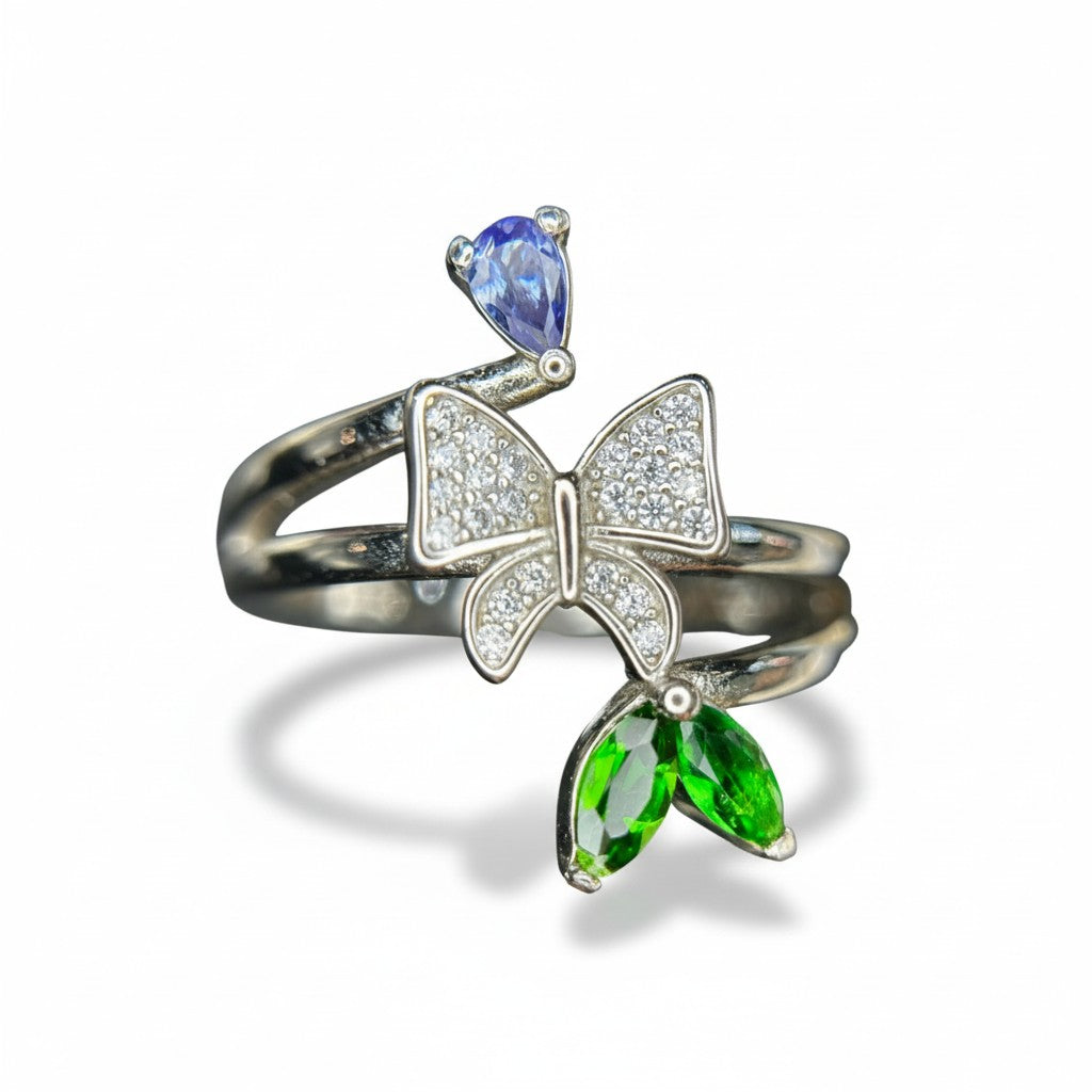 Whimsical Garden: Natural Tanzanite, Chrome Diopside & CZ Bow Bypass Ring in 925 Silver