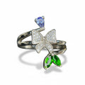 Whimsical Garden: Natural Tanzanite, Chrome Diopside & CZ Bow Bypass Ring in 925 Silver