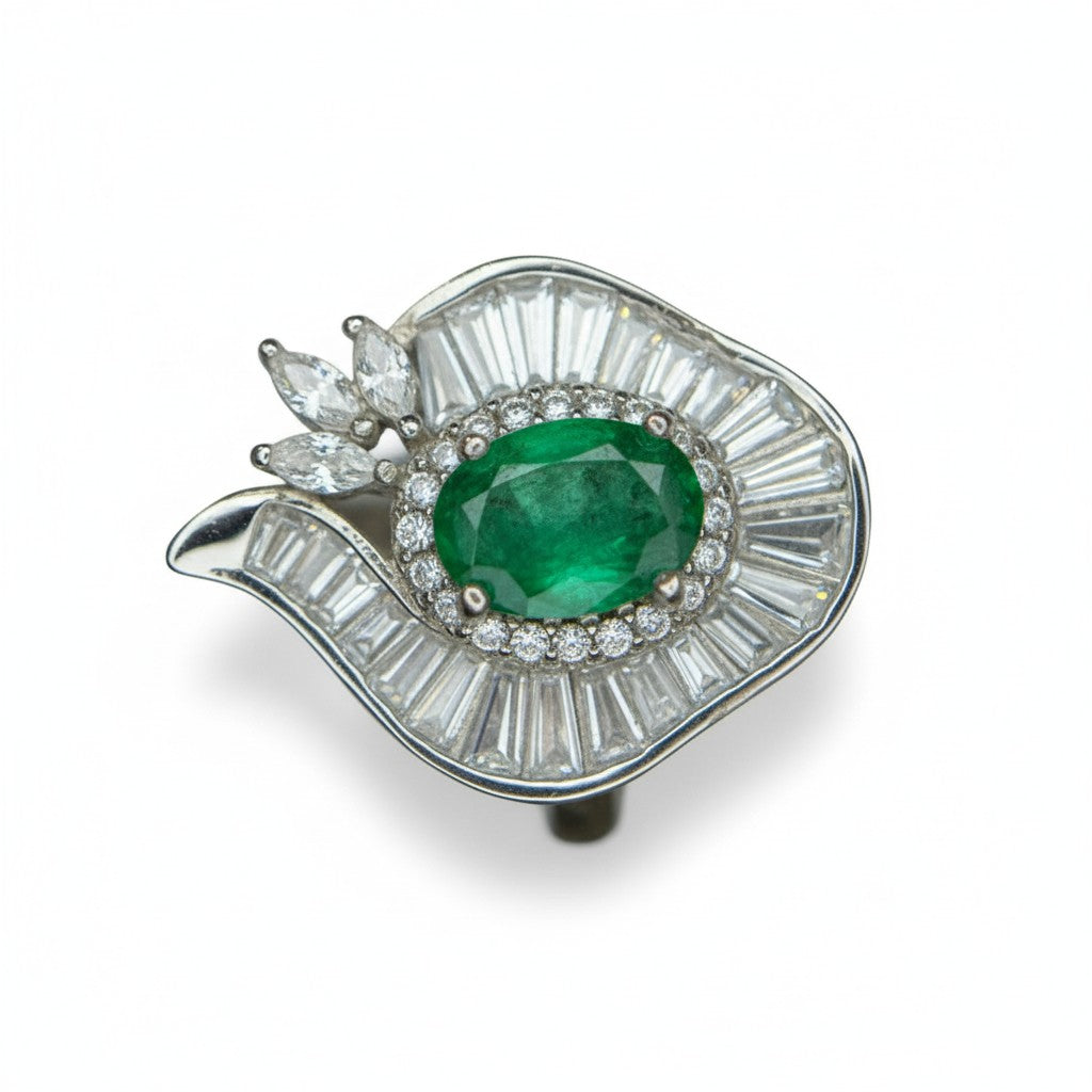 Art Deco Envy: Natural Emerald Cocktail Ring with Baguette Fan Halo in 925 Silver