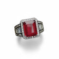 Crimson Statement: Natural Emerald-Cut Ruby Ring with Geometric CZ Halo in 925 Silver