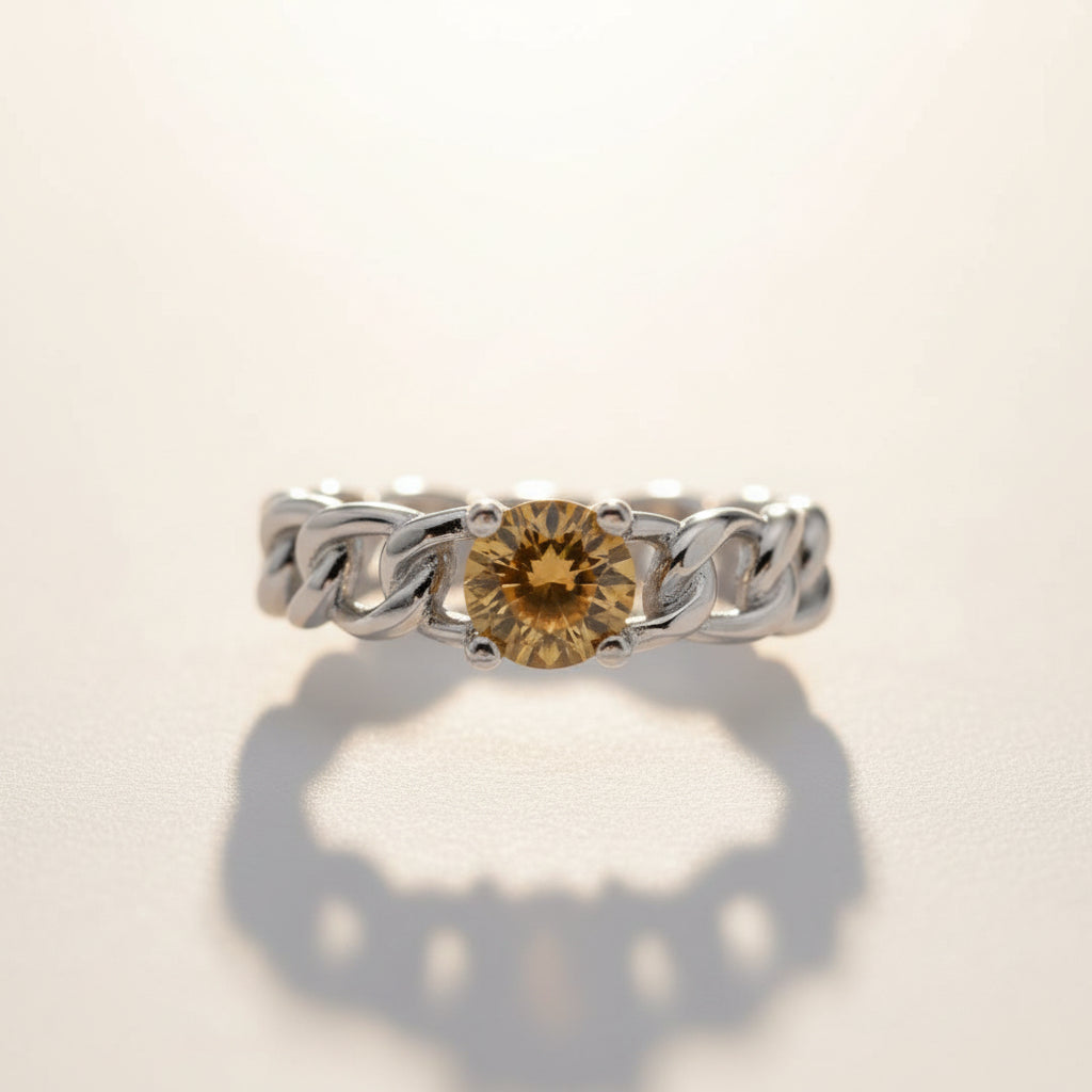 Natural Mali Garnet Ring - Sterling Silver Chain Link Band with Golden Yellow Gemstone