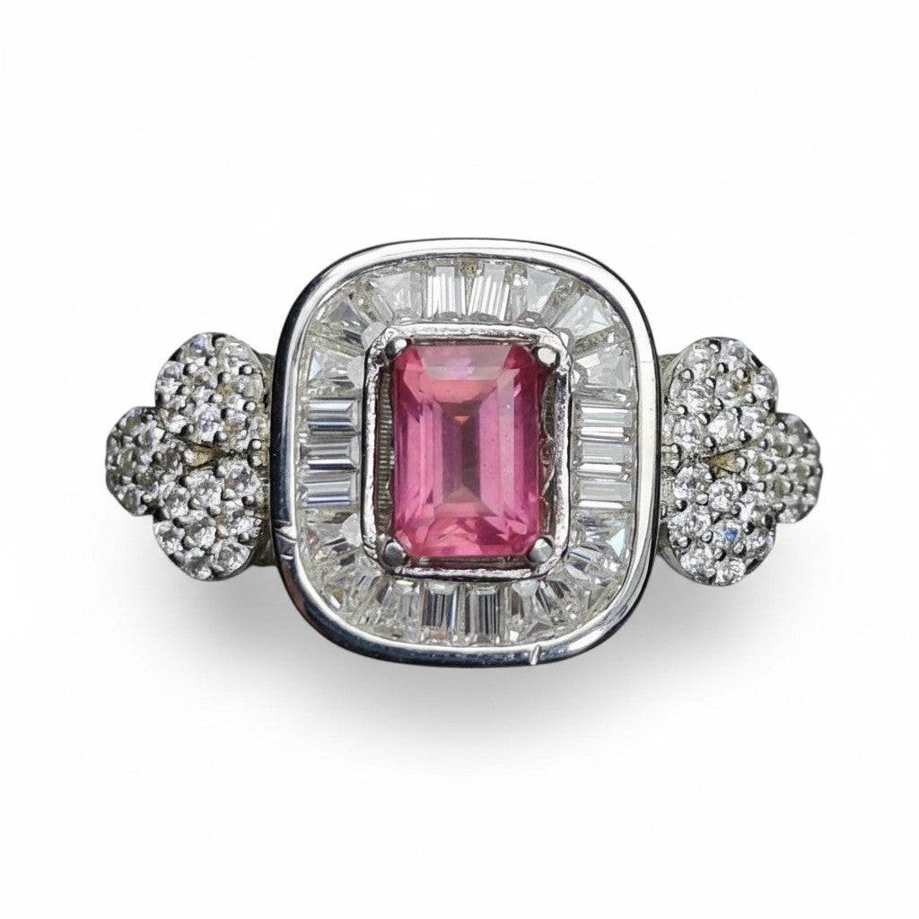Natural Ruby Ring - Emerald Cut Pinkish-Red Center with CZ Baguette and Round Accents in Sterling Silver