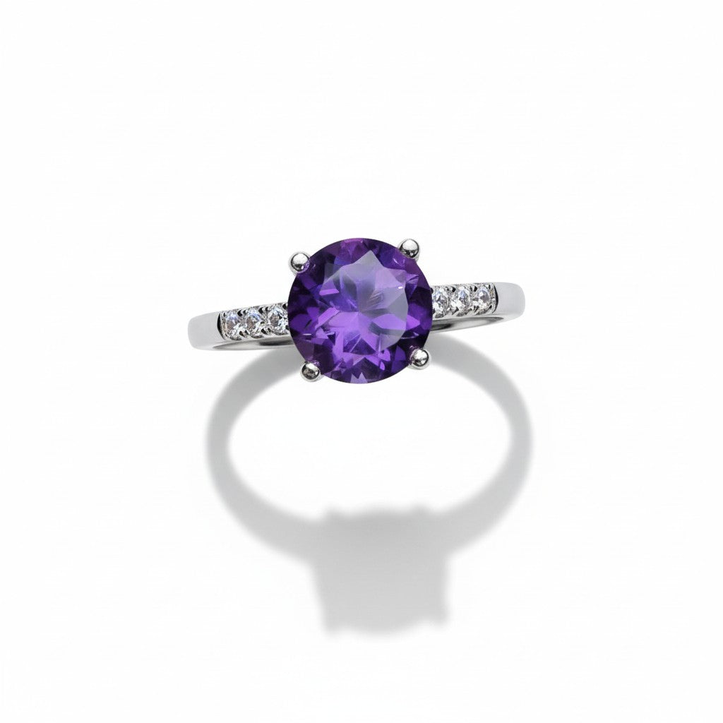 Simply Royal: Natural Round Amethyst Solitaire Ring with CZ Accent Shoulders in 925 Silver