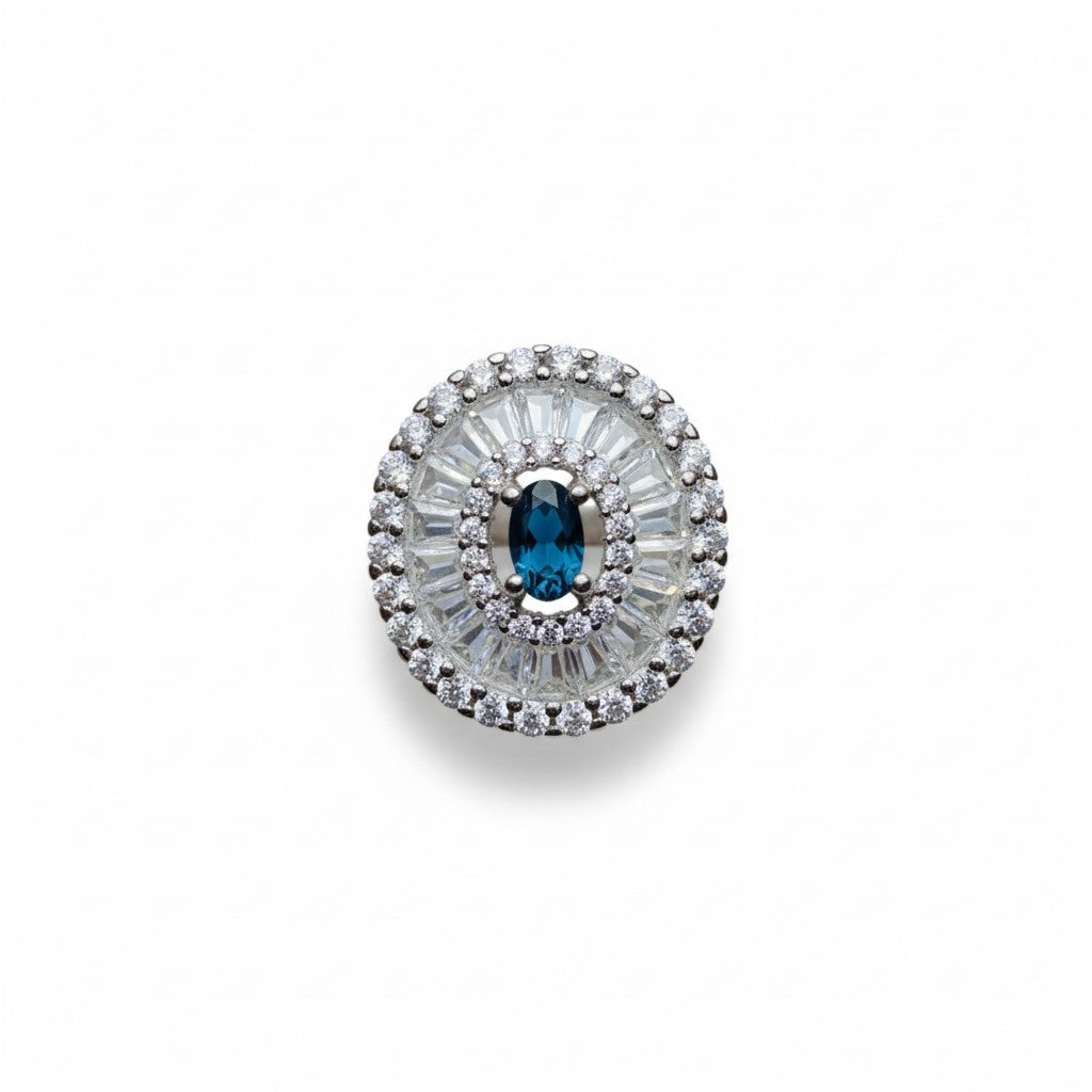 Midnight Sunburst: Natural London Blue Topaz Cocktail Ring with Baguette CZ Halo in 925 Silver