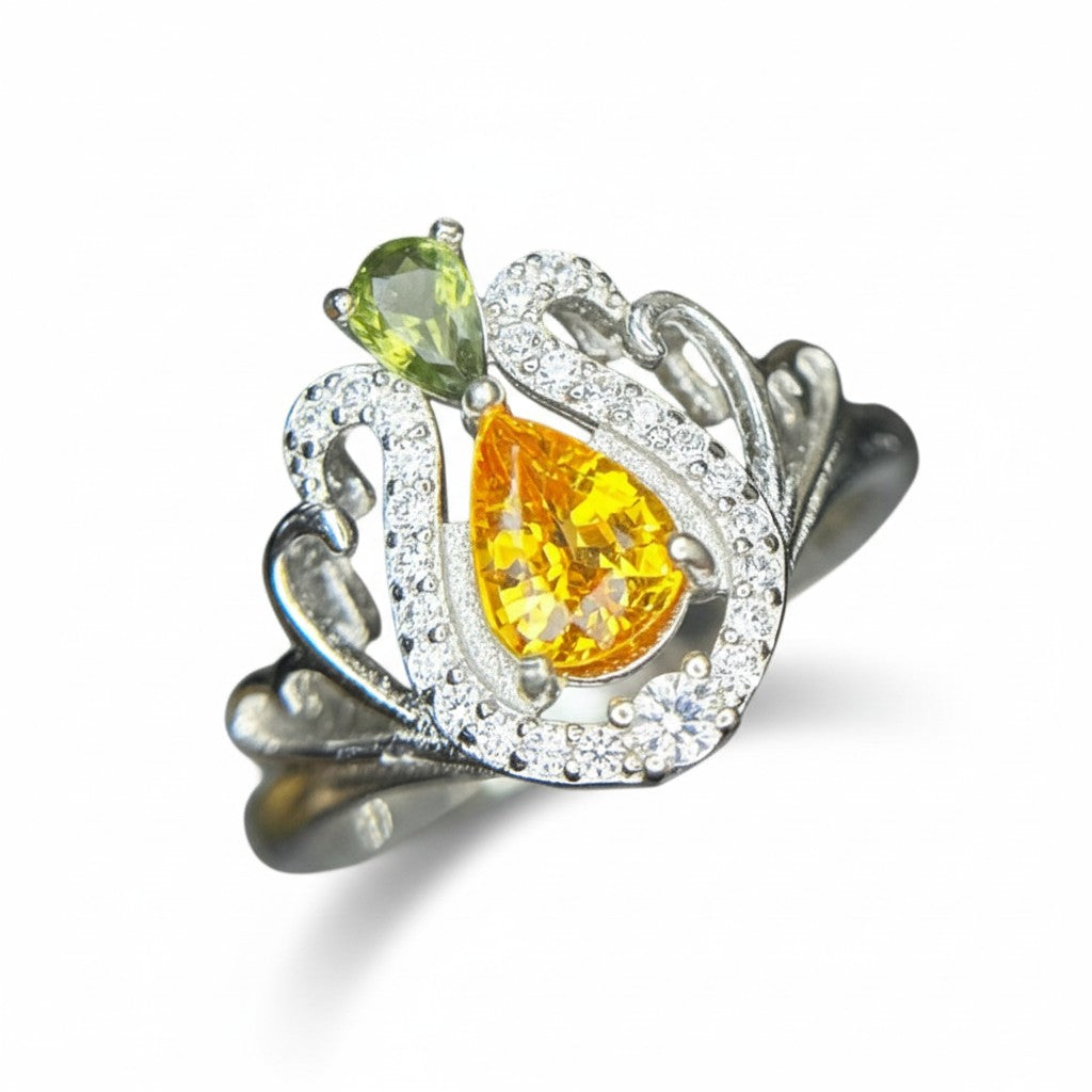 Designer Duo: Natural Yellow & Green Sapphire Cluster Ring in 925 Silver with CZ Pavé