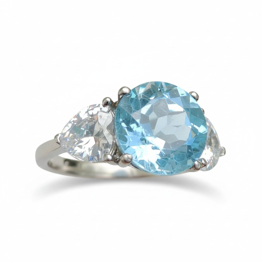Classic Serenity: Natural Sky Blue Topaz Three-Stone Ring in 925 Silver