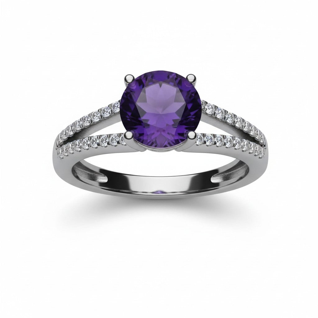 Royal Embrace: Natural Round Amethyst Solitaire Ring with Split Pavé Shank in 925 Silver