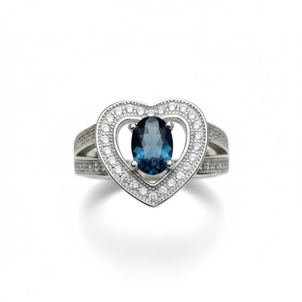 Heart of the Ocean: Natural London Blue Topaz & CZ Heart Halo Ring in 925 Silver
