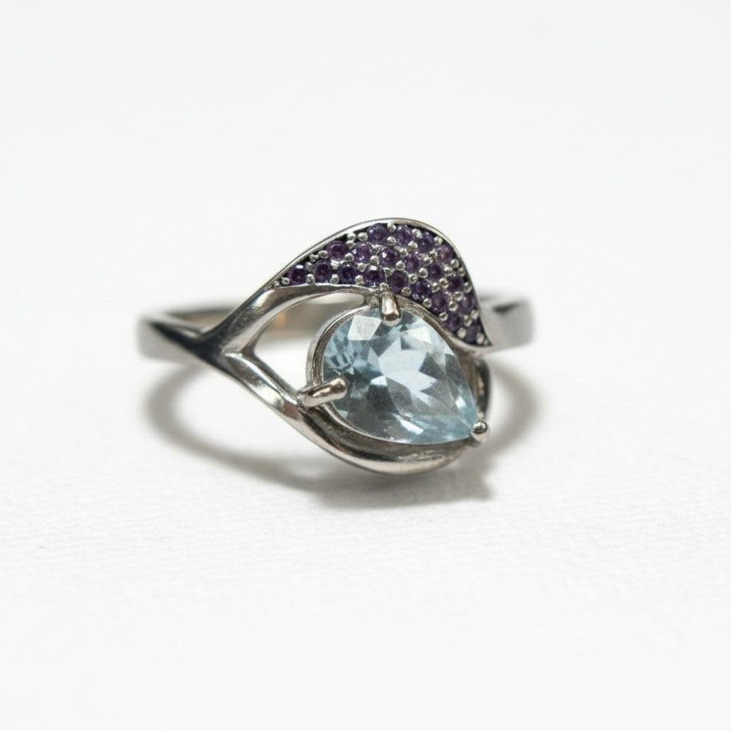 Ocean Serenity: Natural Aquamarine & CZ Accent Ring in Sterling Silver