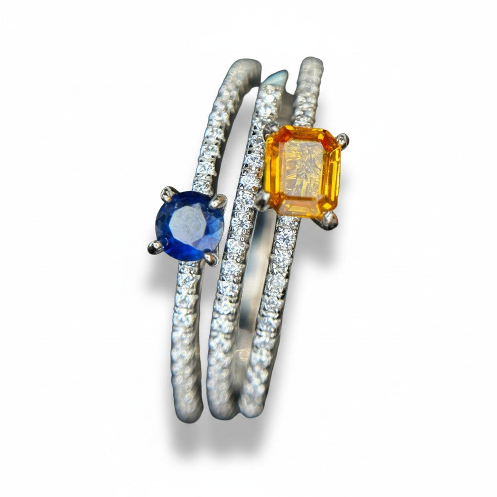 Designer Stacks: Natural Yellow & Blue Sapphire Three-Band Ring in 925 Silver