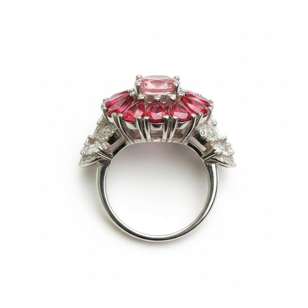 Natural Pink Tourmaline Cluster Ring - Oval Center with Songea Sapphires and CZ Accents in Sterling Silver