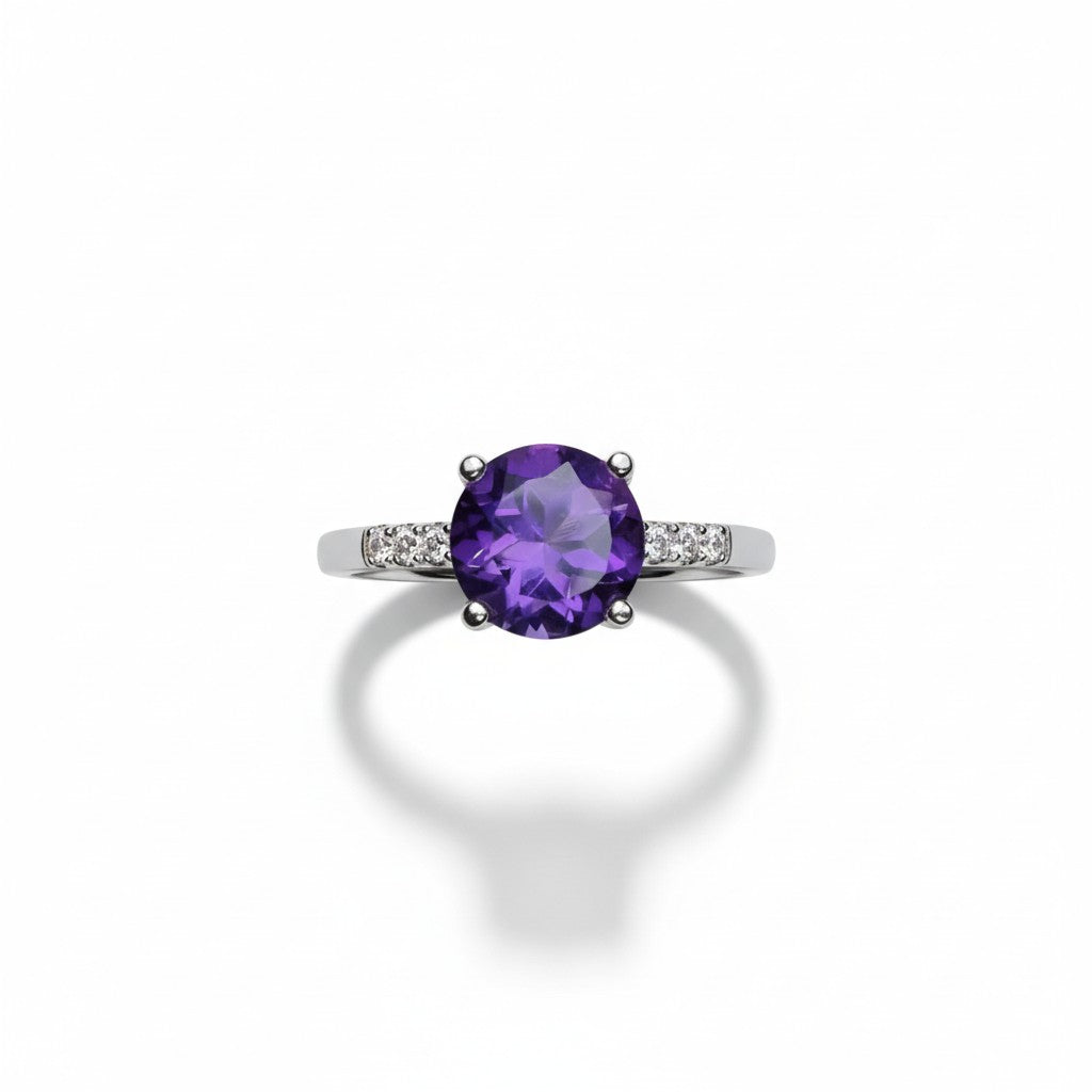 Simply Royal: Natural Round Amethyst Solitaire Ring with CZ Accent Shoulders in 925 Silver