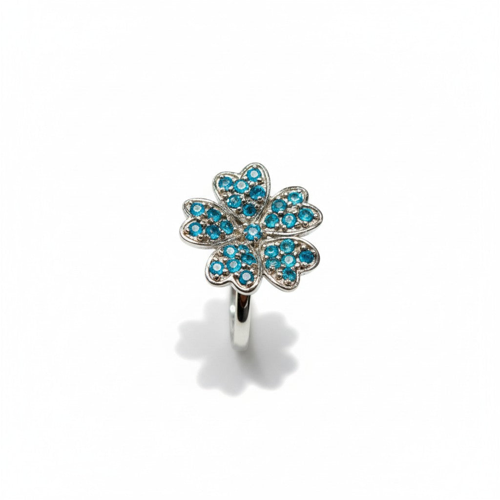 Electric Bloom: Natural Apatite & CZ Flower Halo Ring in 925 Sterling Silver