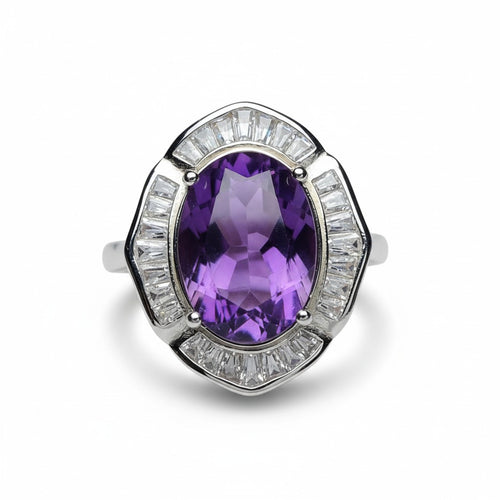 Art Deco Majesty: Natural Amethyst Statement Ring with Trapezoid CZ Halo in 925 Silver