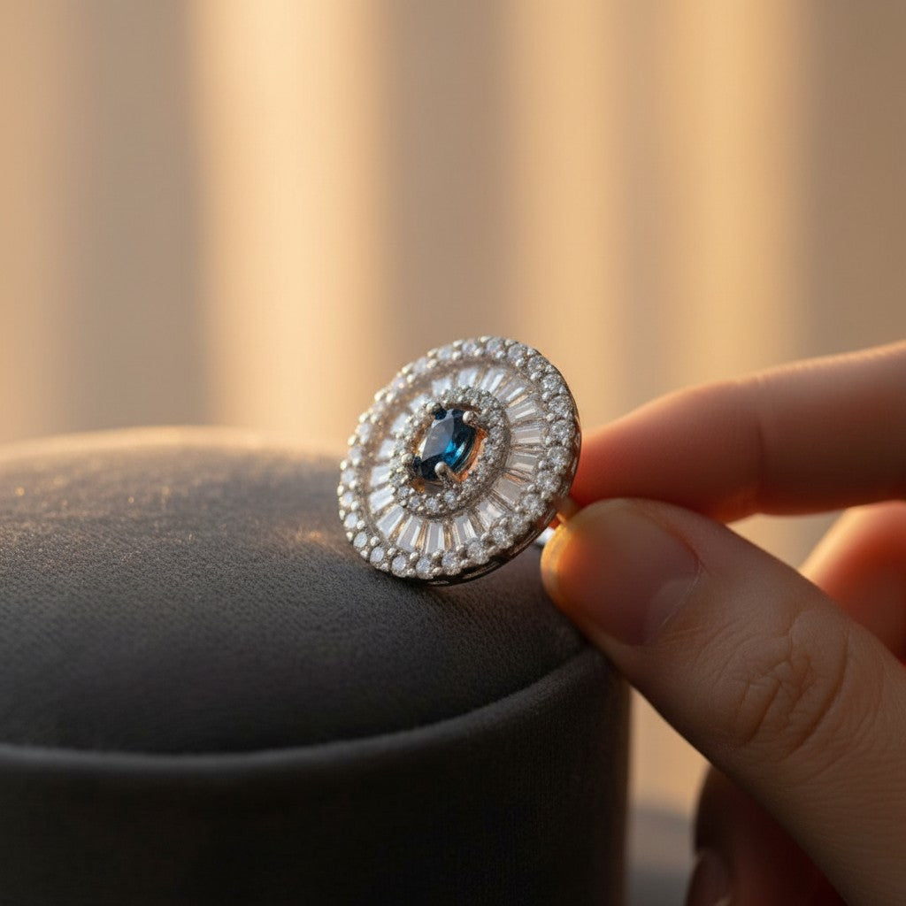 Midnight Sunburst: Natural London Blue Topaz Cocktail Ring with Baguette CZ Halo in 925 Silver
