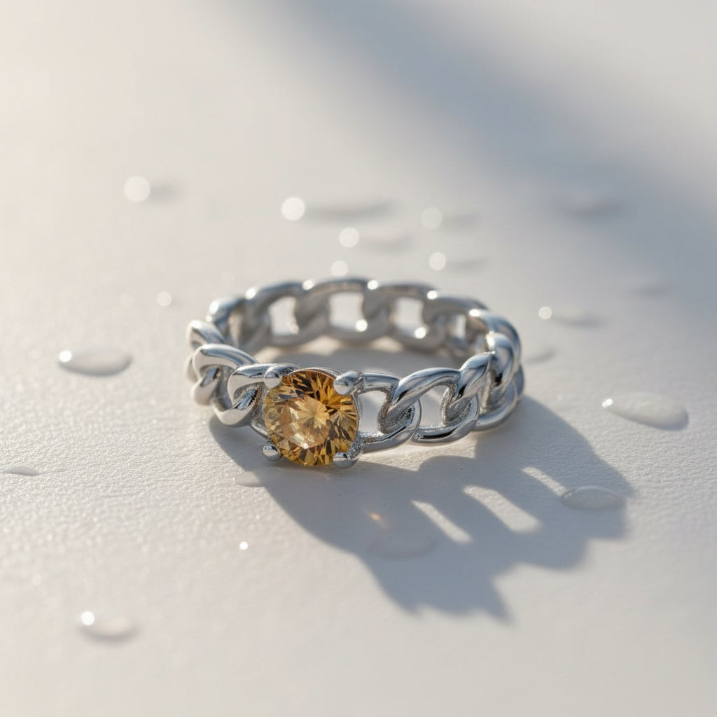 Natural Mali Garnet Ring - Sterling Silver Chain Link Band with Golden Yellow Gemstone