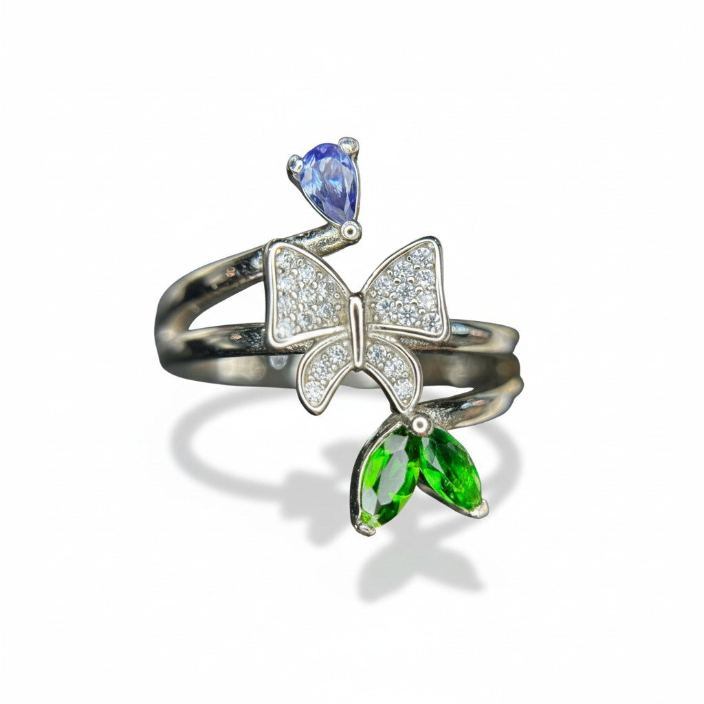 Whimsical Garden: Natural Tanzanite, Chrome Diopside & CZ Bow Bypass Ring in 925 Silver