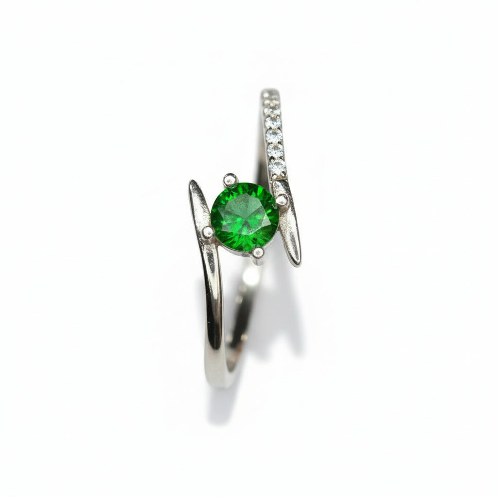 Vivid Swirl: Natural Green Tourmaline & CZ Bypass Ring in 925 Sterling Silver