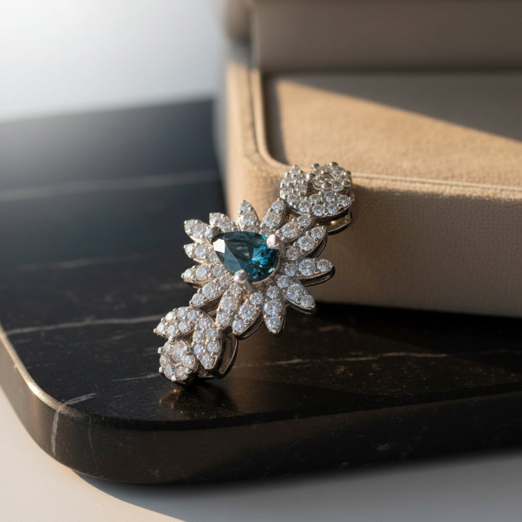 Natural Blue Sapphire Floral Ring - Pear Cut Teal Blue Center with CZ Petal Halo in Sterling Silver