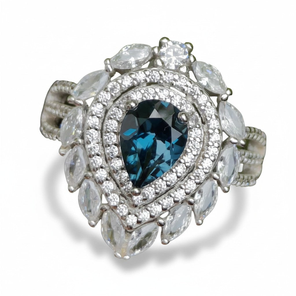 Inky Depths: Natural London Blue Topaz & CZ Statement Ring with Marquise Halo