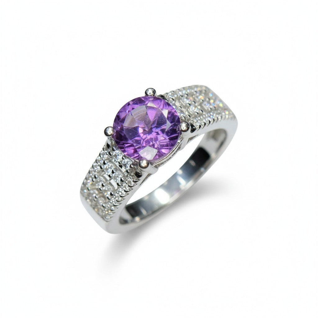Royal Radiance: Natural Amethyst Solitaire Ring on Wide Pavé-Set Band in 925 Silver