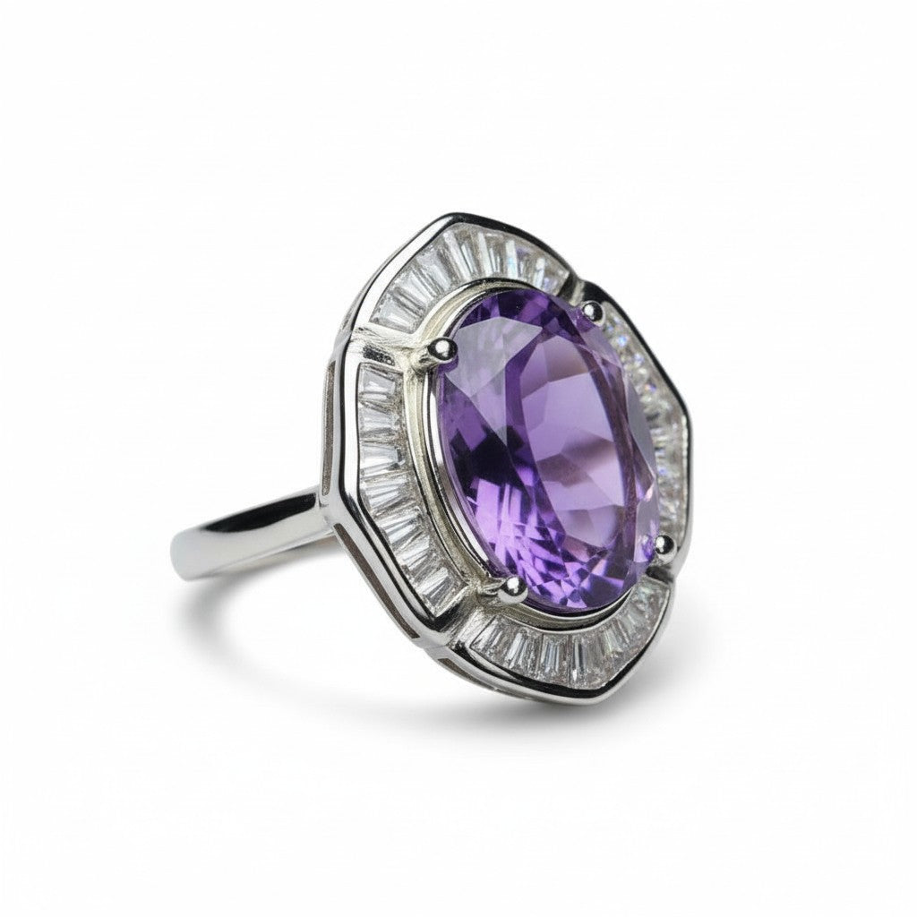 Art Deco Majesty: Natural Amethyst Statement Ring with Trapezoid CZ Halo in 925 Silver