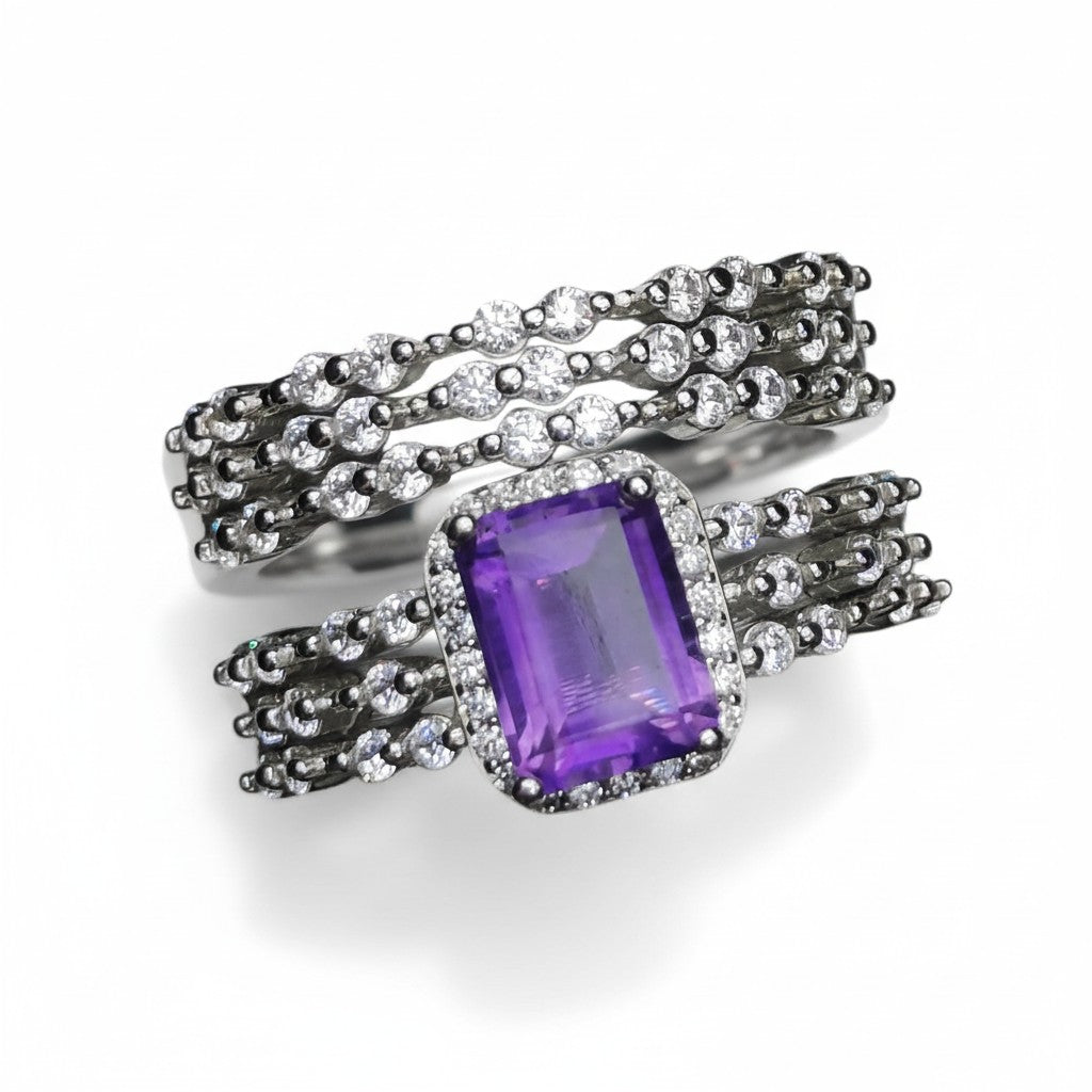Royal Amethyst: Natural Amethyst Halo Solitaire & Multi-Row CZ Band 2-Piece Set