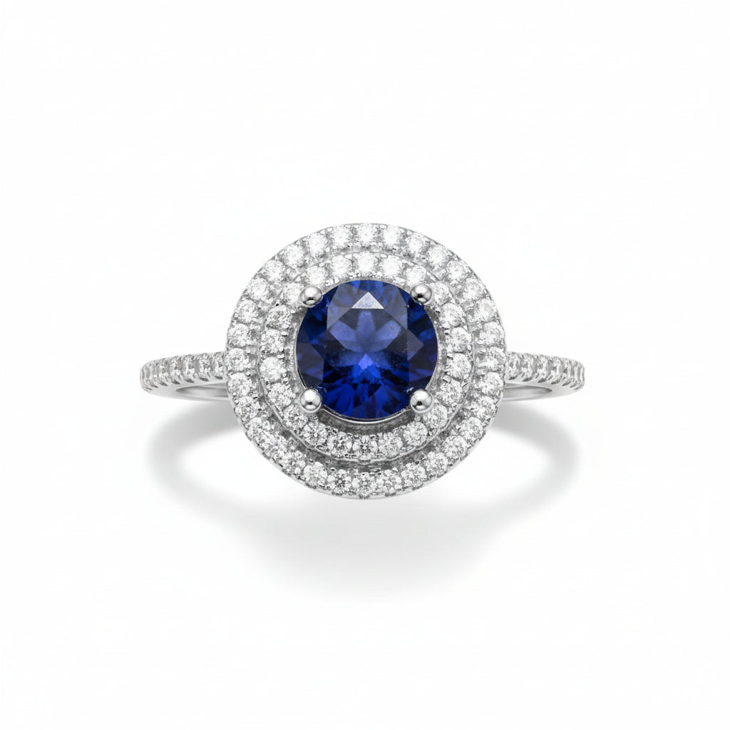 Natural Blue Sapphire Halo Ring - Round Royal Blue Center with CZ Accents in Sterling Silver