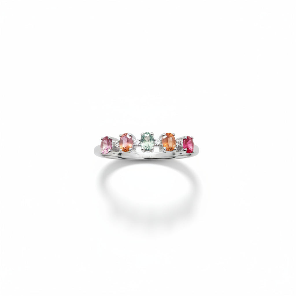 Natural Multi-Color Sapphire Ring - Five Stone Rainbow Pastel Sapphires in Sterling Silver