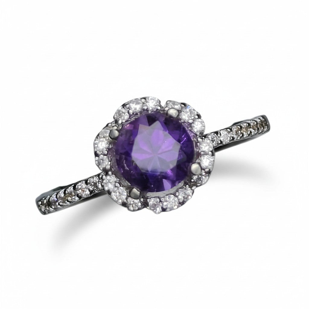 Violet Bloom: Natural Amethyst Solitaire Ring with CZ Halo in 925 Silver