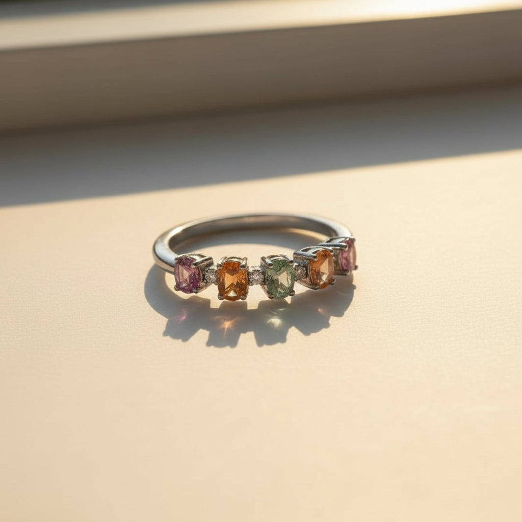 Natural Multi-Color Sapphire Ring - Five Stone Rainbow Pastel Sapphires in Sterling Silver
