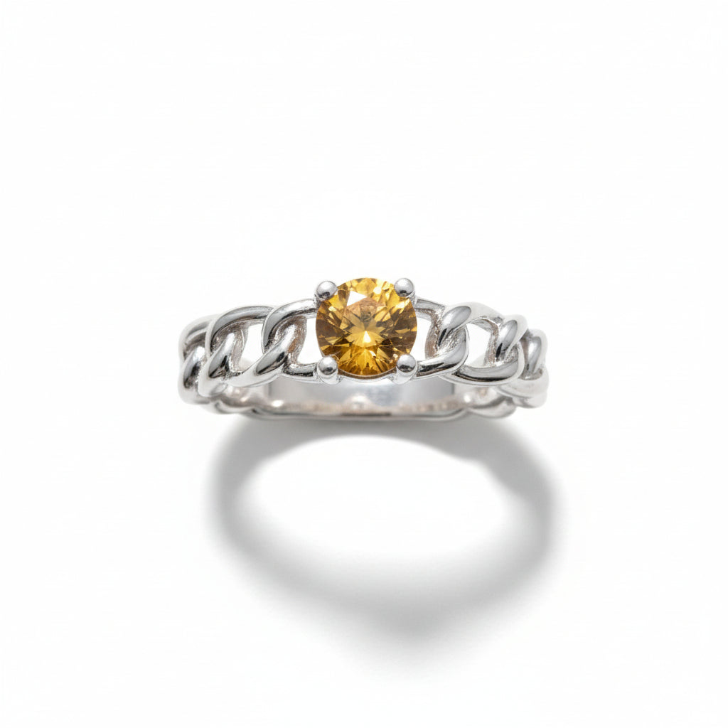 Natural Mali Garnet Ring - Sterling Silver Chain Link Band with Golden Yellow Gemstone