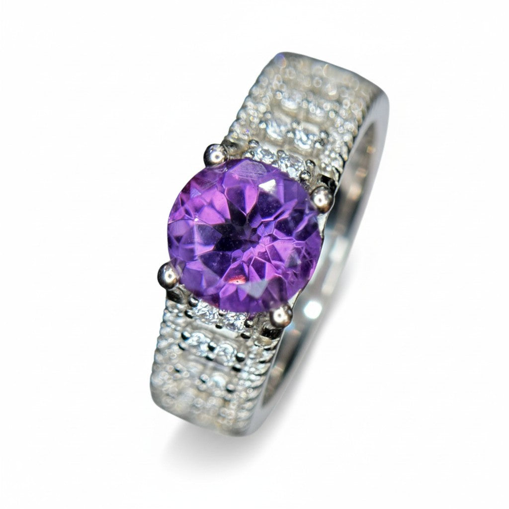 Royal Radiance: Natural Amethyst Solitaire Ring on Wide Pavé-Set Band in 925 Silver