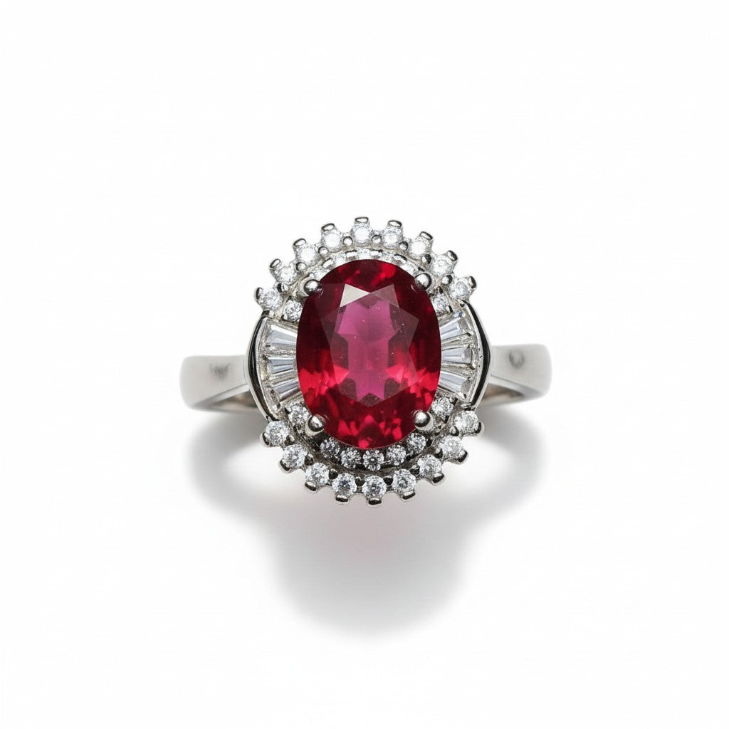 Royal Passion: Natural Ruby & Baguette CZ Halo Statement Ring in 925 Silver
