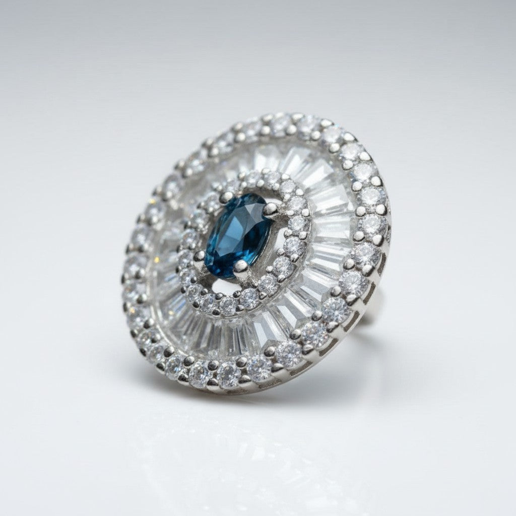 Midnight Sunburst: Natural London Blue Topaz Cocktail Ring with Baguette CZ Halo in 925 Silver